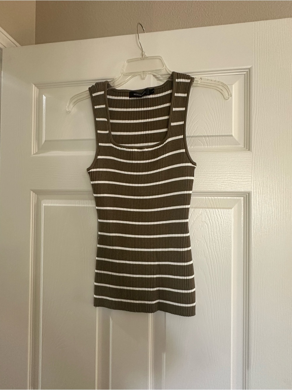Ribbed Olive & White Striped Tank Top